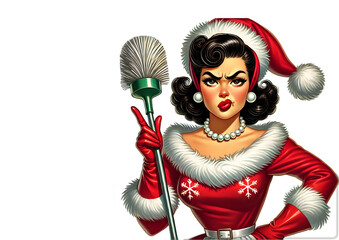 Funny Pin-up Housewife in Red Christmas outfit with grumpy face