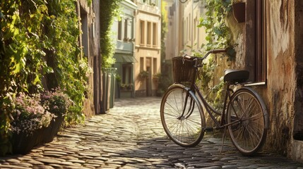 Fototapeta premium Vintage Bicycle in Quiet Cobblestone Street Surrounded by Greenery