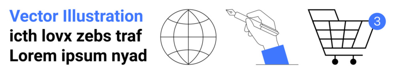 Globe, hand holding pen, and shopping cart with notification badge. Ideal for digital marketing, e-commerce, global business, content creation, online education, communication, and customer