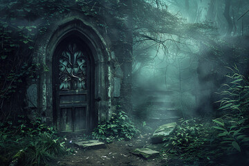 Fantastically door in wild forest leading to deep unknown