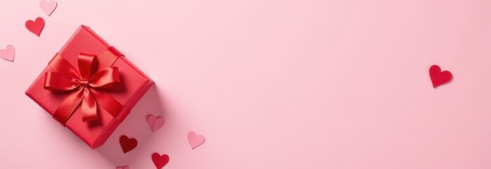 Top view: Red gift box surrounded by red hearts on a plain soft trendy pink background. Valentine's day gift concept. Banner, empty space for text