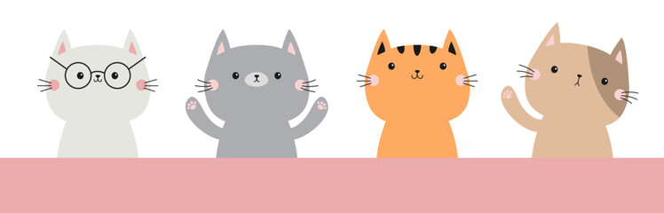 Draw Cat set line banner. Kitten with hands Paw print. Funny Kawaii pet animal. Gray, orange silhouette. Cute cartoon doodle baby character. Childish style. Flat design. White background. Vector