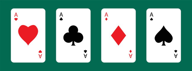 Four aces icon set. Playing card. Poker cards suits. Hearts, clubs, diamonds, spades ace. Big symbol. Winning poker hand. Las Vegas Casino gambling concept. Flat design. Green table background. Vector