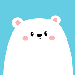 White polar bear cub face head. Cute cartoon kawaii funny baby character. Arctic animal. Merry Christmas. Happy New Year. Hello winter. Greeting card template. Flat design. Blue background. Vector