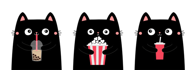 Cat set. Popcorn, bubble milk tea, soda. Kitten watching movie. Cute cartoon funny character. Film show. Cinema theater. Kids sticker print. Childish style. White background. Flat design Vector