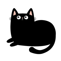 Cute laying cat. Kawaii face head. Funny kitten with looks up. Pet animal. Black silhouette icon. Cartoon funny character. Childish style. Valentines Day. Flat design. White background. Vector