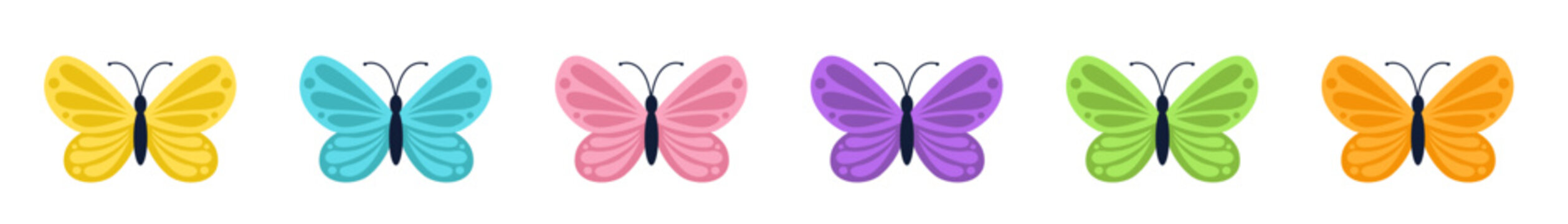 Naklejki Butterfly icon set line. Flying insect silhouette. Bright color beautiful pattern wings. Cute cartoon kawaii funny character. Childish style. Flat design. Isolated. White background. Vector