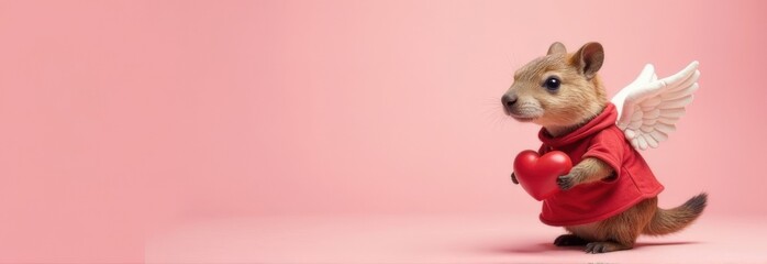 Fototapeta premium Banner: capybara in cupid costume, space for text, soft pink background. Valentine's Day atmosphere