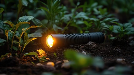 Obraz premium Illuminated Flashlight Resting On Dark Soil Among Green Plants