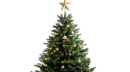 Fototapeta premium Holiday tree with sparkling lights and gold star on top, isolated on white background 