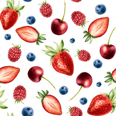 Seamless pattern with strawberry, raspberry and blueberry. Hand painting sweet watercolor illustration isolated on background. For designers, menu, shop, decoration, restaurant, for postcards