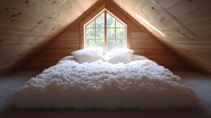 Home insulation enhances comfort in this serene attic retreat, featuring natural wood tones, soft textures, and a bright window inviting warmth and tranquility.