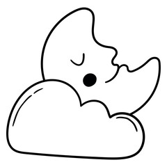 Hand drawn doodle sleeping moon on a cloud on a white background.