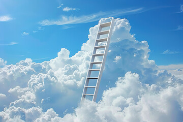 Fantastically staircase leading to cloudy deep sky at natural light