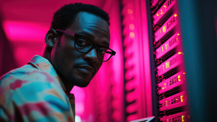 Technician monitoring cloud security standards in data center urban tech environment professional viewpoint