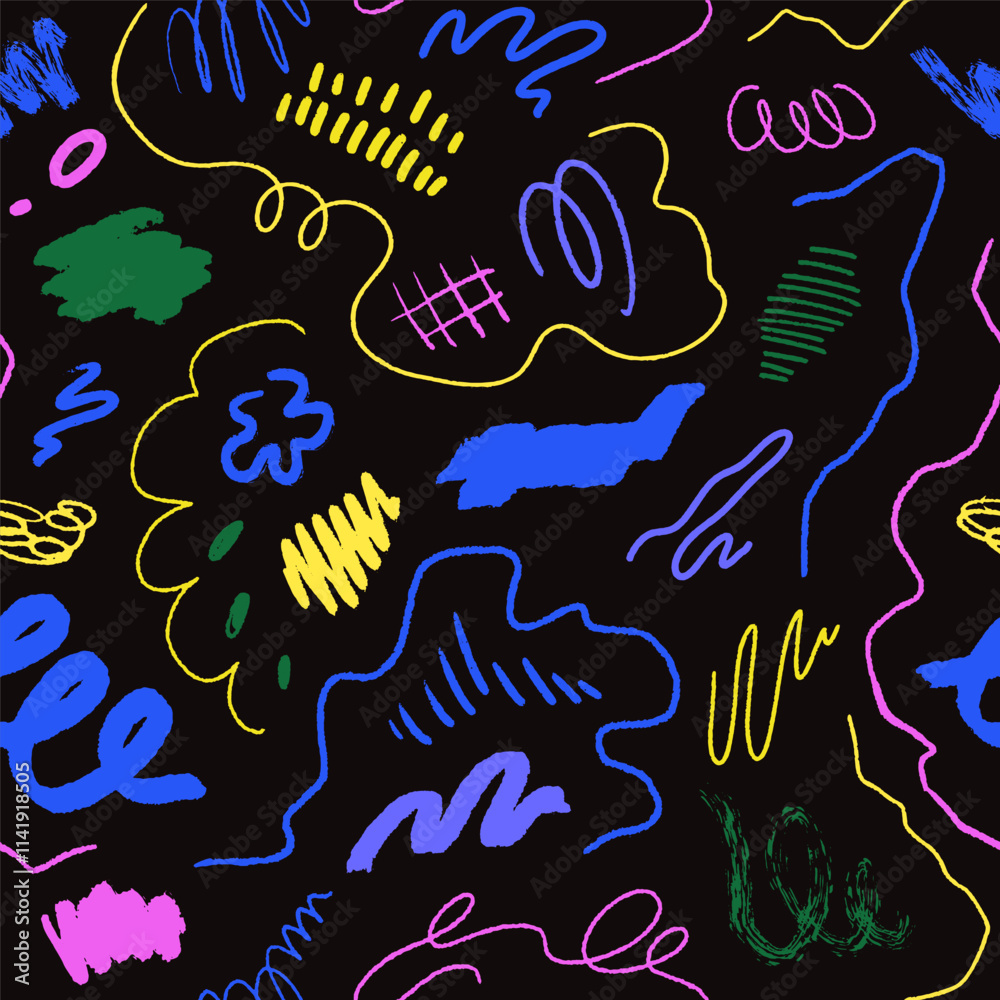 Poster Scribble pattern with doodles. Colored abstract design, seamless background with neon brushstrokes, squiggles. Trendy endless texture, print for fabric, wallpaper, wrapping. Flat vector illustration