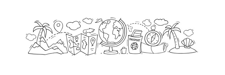 Summer vacation, travel, trip concept with doodle world map, globe, suitcase, passport with tickets and compass. Tourism, journey poster with mountains and palm trees, vector sketch illustration
