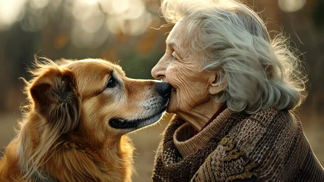 Heartwarming moment between elderly woman and her loyal dog in a serene outdoor setting