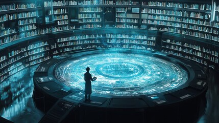 A high-tech library where students use holographic tables to explore digital books, manuscripts, and interactive maps. 