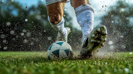 Dynamic slide tackle moment during an intense competitive soccer match with a player s legs mid slide the ball bouncing forward