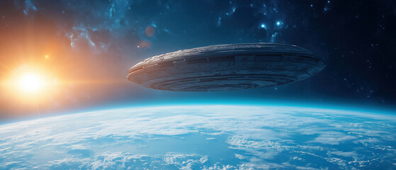 Obraz premium Futuristic spaceship hovering above planet at sunrise