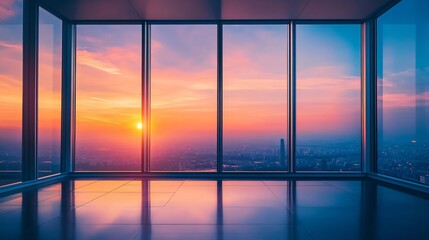 Large window with a beautiful sunset in the background. The sky is filled with clouds and the sun...