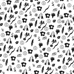 Vector seamless pattern with black silhouettes of flowers on white isolated background. Floral repeating pattern. Design for textiles, wrapping paper and wallpaper.