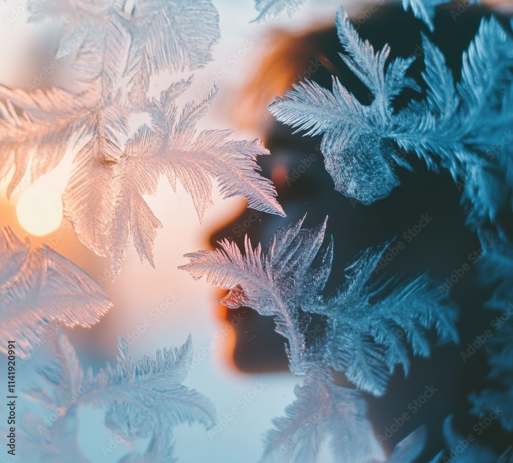 Poster Close-up of delicate frost patterns on a window pane illuminated by soft morning light. A silhouette of a beautiful woman's face is visible outside the window. Natural ice art.