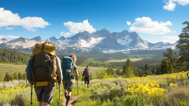 Adventurous hikers trekking through a scenic mountain landscape
