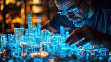 A team of architects working on a city model made entirely of holographic blueprints, rotating the 3D structures in the air for a collaborative design experience. 