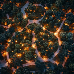 Aerial View of a Beautiful City Park at Night, Illuminated by Golden Lights, Showcasing Serene Walkways and Lush Greenery Surrounded by Delicate Shadows