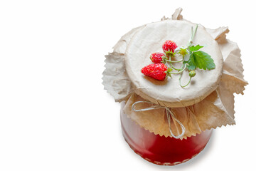 Cooked homemade wild strawberry jam in glass jar isolated on white background, fresh strawberry jam close up, food and healthy eating concept, copy space