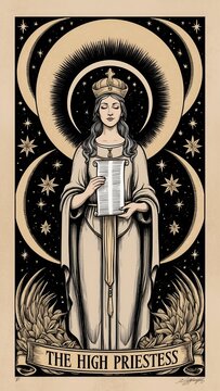 Elegant high priestess figure surrounded by celestial motifs, holding scroll, exuding wisdom and intuition in a mystical atmosphere.