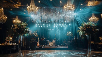 Obraz premium Elegant wedding reception stage with band, chandeliers, floral arrangements, and dramatic lighting.