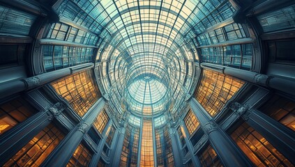 Modern glass atrium with circular skylight and columns.