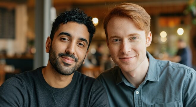 Diverse friendship between young caucasian and hispanic males in a cozy urban cafe setting