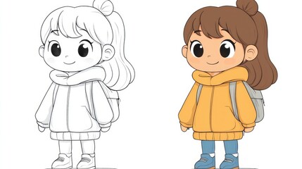 Fototapeta premium Cute Cartoon Figure Available in Both Color and Outline