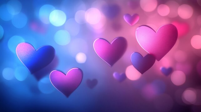 Pink and Blue Hearts Floating in a Soft Glow