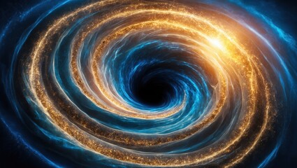 Cosmic vortex swirling with vibrant blue and gold, creating a mesmerizing effect in a dark void, symbolizing energy and mystery.