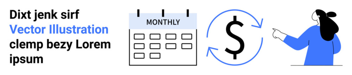 Businesswoman pointing at currency cycle, monthly calendar, and placeholder text. Ideal for financial planning, budgeting, accounting, finance consultation, time management, corporate training