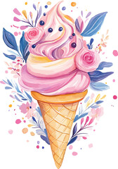 Watercolor ice cream cone on white background vector illustration art.