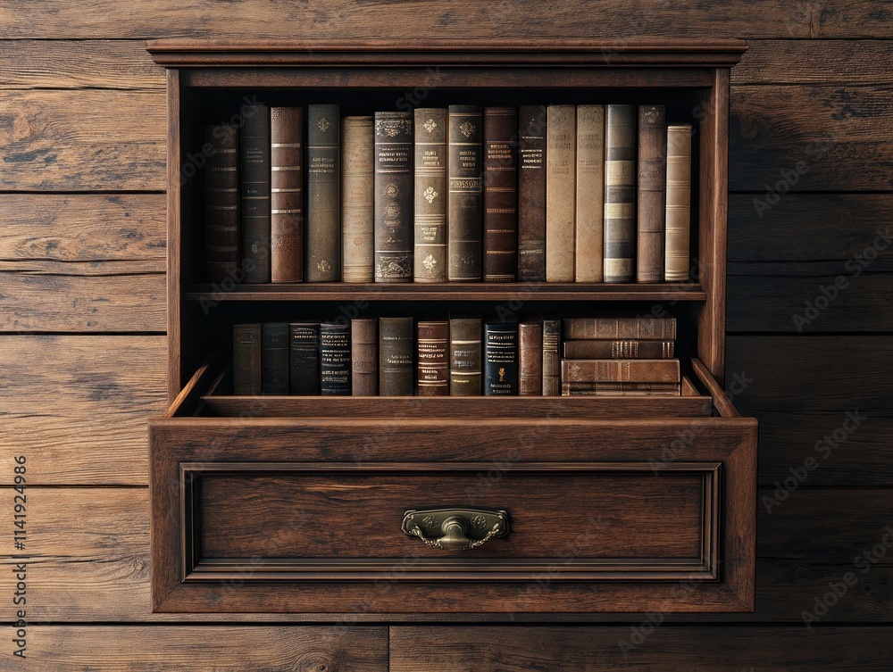 Poster wooden bookshelf with old books, drawer open.
