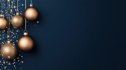 Elegant gold ornaments hanging against a deep blue background.