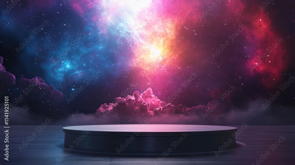 Poster bright galactic nebula backdrop above platform.