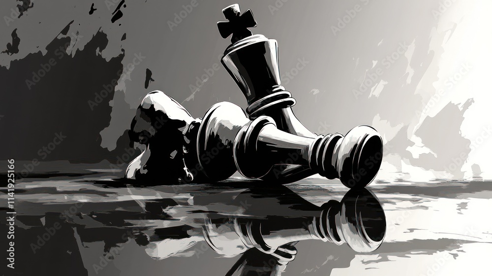 Poster fallen king chess piece with reflection.