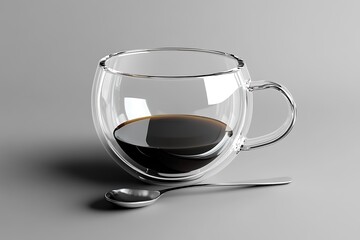 Transparent glass cup with coffee and spoon