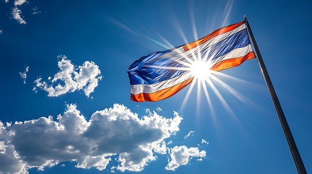 Thai Flag Waves Brightly In Sunny Sky