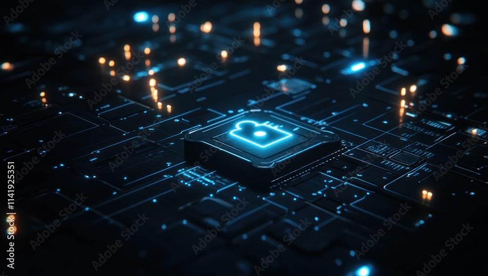 Poster glowing lock icon on circuit board.