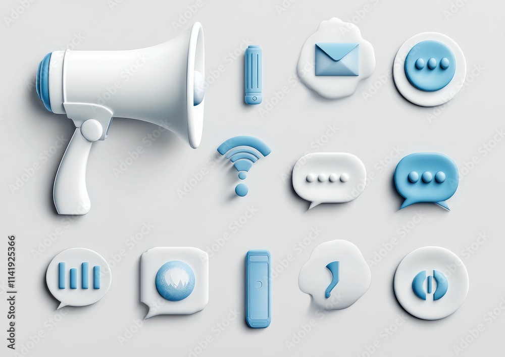 Fototapete white and blue 3d icons for communication and networking.