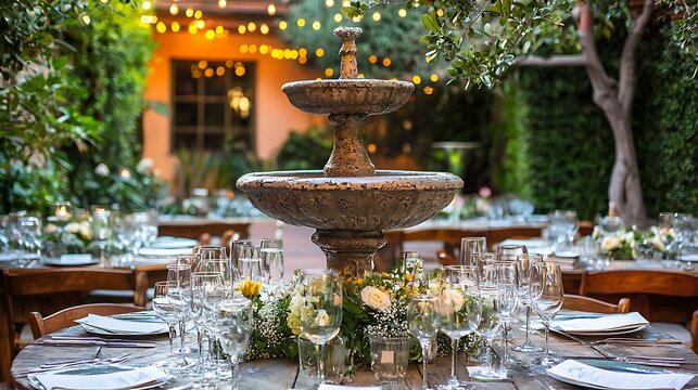 Elegant outdoor wedding reception with fountain centerpiece.